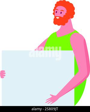 Redhead man showing blank placard with copy space for advertising, demonstrating presentation, protesting for human rights, expressing opinion, supporting candidate in elections Stock Vector