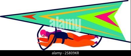 Hang glider pilot soaring through the sky, skillfully controlling the glider with hands, dressed in a vibrant orange suit and helmet, embracing the thrill of extreme sports Stock Vector