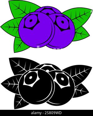 Drawing of blueberries in 2 versions. Black and white and color version of blueberries Stock Vector