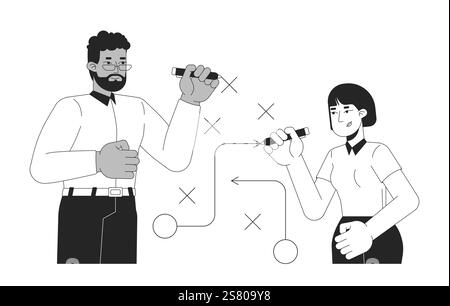 Collaborative problem solving at work black and white 2D illustration concept Stock Vector