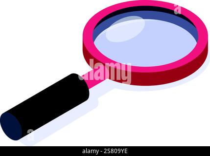 Red magnifying glass featuring a sleek black handle, enlarging an object in isometric view, embodying concepts of search and investigation for research and analysis purposes Stock Vector