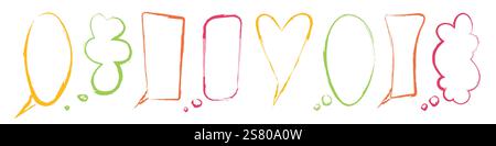Crayon style speech bubble collection with multicolor outlines. Hand drawn cartoon dialog shapes. Chat communication elements with round, rectangular, heart shaped borders for message design. Stock Vector