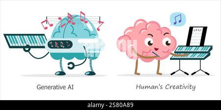 AI brain vs human brain in compose a music . Cartoon character . Vector . Stock Vector