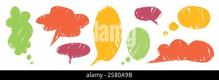 Crayon textured speech bubble set with grunge effect. Vibrant colored dialog shapes. Scratched cartoon communication elements with various forms - oval and cloud shaped boxes for message design. Stock Vector