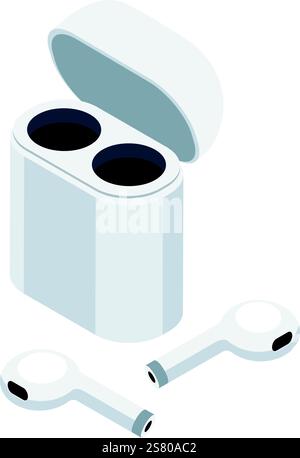 Modern white true wireless earphones charging inside an open white case, featuring a sleek isometric view against a clean white background, highlighting their minimalist design Stock Vector