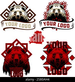 Logos with a bear s head and patterns in the Slavic style. Stock Vector