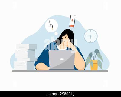 Burnout, tired woman working on computer at the office flat vector illustration Stock Vector