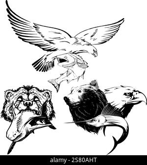 Three drawings of a bear and an eagle hunting fish Stock Vector