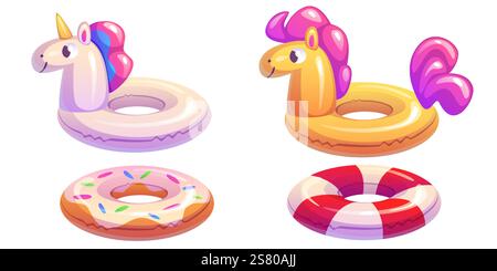 Pool ring collection set - inflatable unicorn floater, yellow horse swim tube, donut with colorful sprinkles, striped lifebuoy in red and white pattern. Summer beach activities swimming accessory. Stock Vector