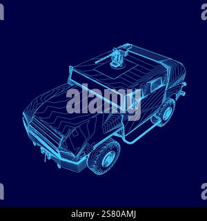 Blue drawing of a military vehicle with a gun on top. Stock Vector