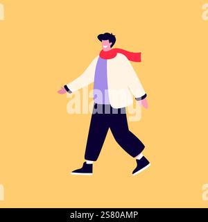 man in warm winter clothes causually walking. Concept of casual cozy winter clothes for man. Flat cartoon vector illustration. Stock Vector