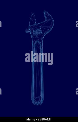 Blue wrench is shown in a 3D image. The wrench is bent and twisted, and it is a tool used for fixing or adjusting things. The image has a somewhat abs Stock Vector