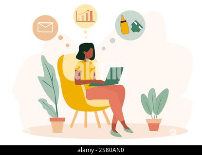 Illustration of a mom sitting in a chair working on a laptop with various thought bubbles depicting multitasking in business and family duties. Light Stock Vector