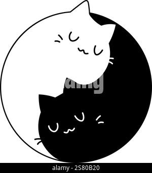 Black and white graphic of two cats forming a yin yang symbol on a dark background. Stock Vector