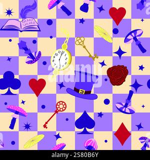 Wonderland pattern elements roses, rabbit, Cheshire cat, flamingo cards hat cup and mushrooms and clock Stock Vector