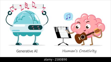 AI brain vs human brain in compose a music . Cartoon character . Vector . Stock Vector