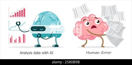 AI brain vs human brain in data analysis . Cartoon character . Vector . Stock Vector