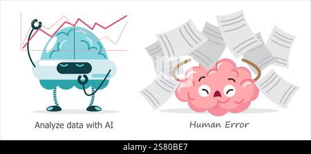AI brain vs human brain in data analysis . Cartoon character . Vector . Stock Vector