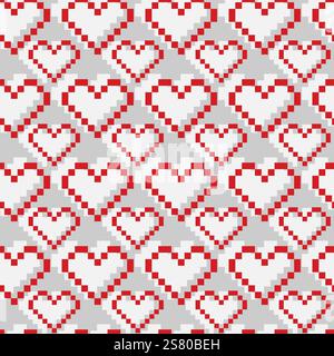 Pixel Hearts Seamless pattern in trendy soft gray and red. St Valentines Day Pixel Art Backdrop idea. Vector illustration Wrapping, wallpaper or web promo banners, Thematic cards background, leaflets Stock Vector