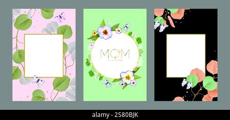 Mother's day clipart template set design. Beautiful flowers in frame with colorful background, plants, flowers, butterfly and shape elements Stock Vector