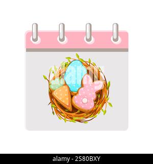 Calendar page for Easter Day. Happy Easter Day with Easter cookies in bird nest for your greeting card,calendars, stickers or icons. Happy Easter Day Stock Vector