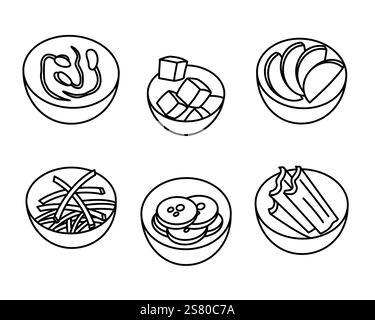Korean traditional pickled apetizer snack set kimchi bean sprout pickle doodle food illustration Stock Vector