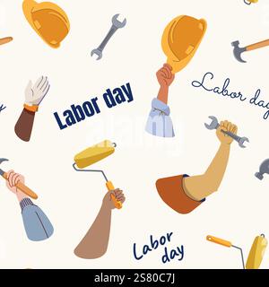 Labor day seamless pattern background print design workers hands with helmet hammer spanner and text Stock Vector