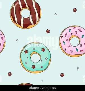 Cute donuts seamless pattern cartoon colorful doughnuts with stars and sprinkles on mint background Stock Vector