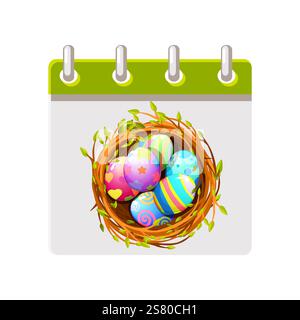 Calendar page for Easter Day. Happy Easter Day with coloring eggs in bird nest for your greeting card,calendars, stickers or icons. Happy Easter Day Stock Vector