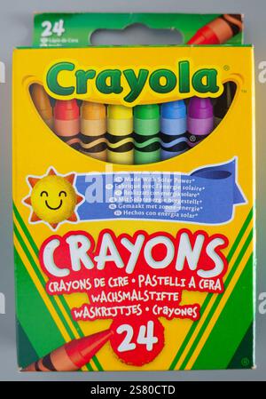 24 pack of Crayola coloured wax crayons in box. Stock Photo