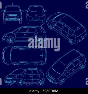 Blue car is shown in different angles. The car is a hatchback Stock Vector