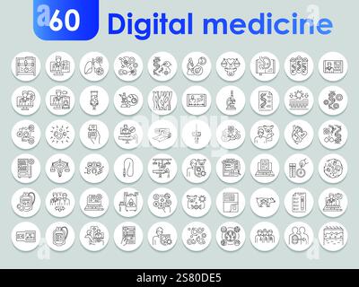 Digital medicine black line icons set. Infographics with symbols. Vector isolated element. Editable stroke. Stock Vector