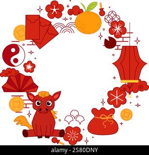 Chinese New Year icons, symbols and decorations circle round frame. Line art lanterns, flowers, clouds and frames. vector illustration year of horse Stock Vector