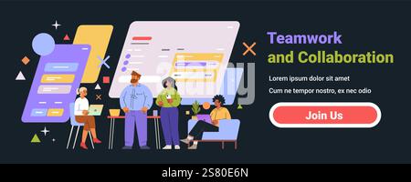 Teamwork and collaboration concept with diverse team working on digital project dark background geometric elements website banner Stock Vector