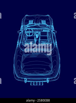 Blue car with a steering wheel and a dashboard. The car is a concept car and is shown in a blue color Stock Vector
