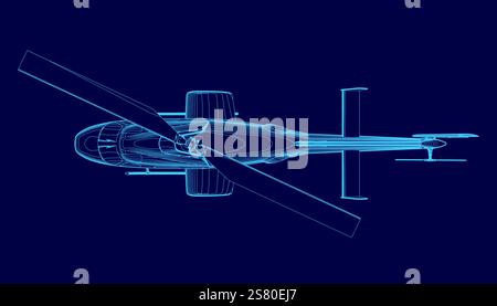 Blue helicopter is shown in a blue background. The image is a computer-generated rendering of a helicopter Stock Vector