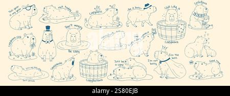 Cute capybara set with text. Set of exotic rodents swimming in pond, relaxing, eating leaves, walking. Crayon texture. Hand drawn vector illustration Stock Vector