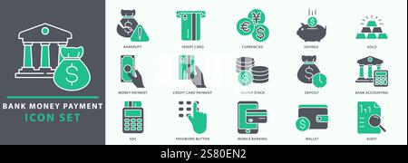 Bank Money payment icons. Bank money payment icon set. Set icon of bank money and payment. Vector illustration. Stock Vector