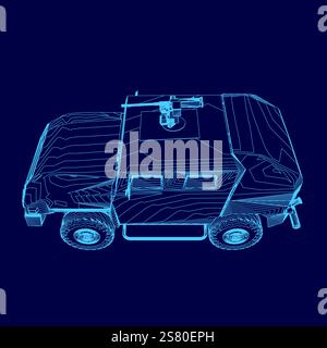 Blue drawing of a military vehicle with a gun on top. The gun is positioned on the roof of the truck, and it is a machine gun Stock Vector