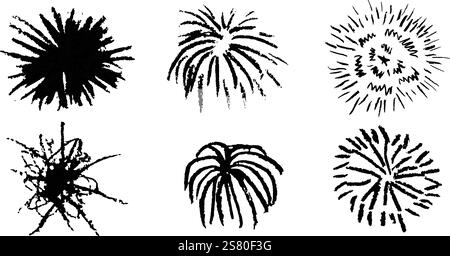 Fireworks cute pencil lines doodle elements for birthday, anniversary. Set of black color sketches in style of lightning, explosion, sun rays Stock Vector