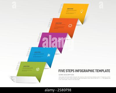 Five-step infographic template from folded paper displays sequential information. Each step is marked with distinct colors and icons, enhancing the vi Stock Vector