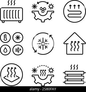 HVAC icons set. Commercial services. Heating and cooling system. Air conditioning. Isolated vector illustrations. Simple line icons for templates, web Stock Vector
