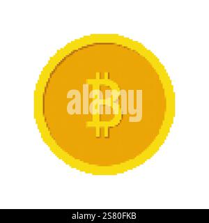 Golden Bitcoin Icon in Pixel Art Style. Digital Cryptocurrency for Blockchain Transactions. Gold Crypto Coin for Digital Economy. Isolated Vector Stock Vector