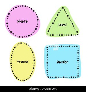 Frame multi-coloured outline set. Hand drawn decorative doodle style, black ink dot brush stroke border, scribble dash line, circle, square, rectangle Stock Vector