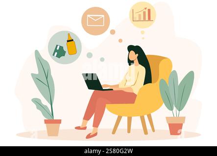 Illustration of a mom sitting in a chair working on a laptop with various thought bubbles depicting multitasking in business and family duties. Light Stock Vector