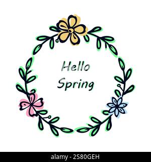 Floral frame circle, cute wreath, doodle naive art style design border. Hand drawn ink black blob brush stroke, colourful flower leaves graphic Stock Vector
