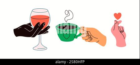 People hands with wine coffee and heart flat color vector icons set. Lifestyle and relaxation style illustrations pack on white background Stock Vector