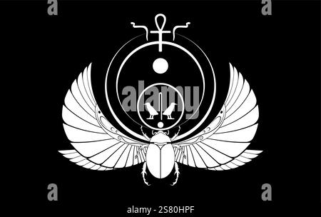 egyptian sacred Scarab wall art design. beetle with wings. Vector illustration white logo, personifying the god Khepri. Symbol of the ancient Egyptian Stock Vector