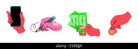 Hands holding money smartphone and pencil flat color vector icons set. Using various items arms illustrations pack on white background Stock Vector