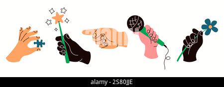 People hands showing different items flat color vector icons set. Using various items for fun illustrations pack on white background Stock Vector